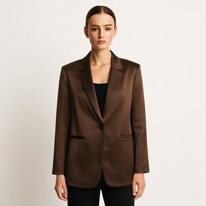 ZARA Chocolate Brown Oversized Satin Blazer Womens Small Office Chic Old Money